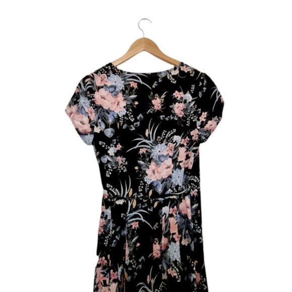AUGUSTE Black Floral Wrap Around Maxi Short Sleeve Dress Front Tie Size AU 6 - Picture 5 of 9